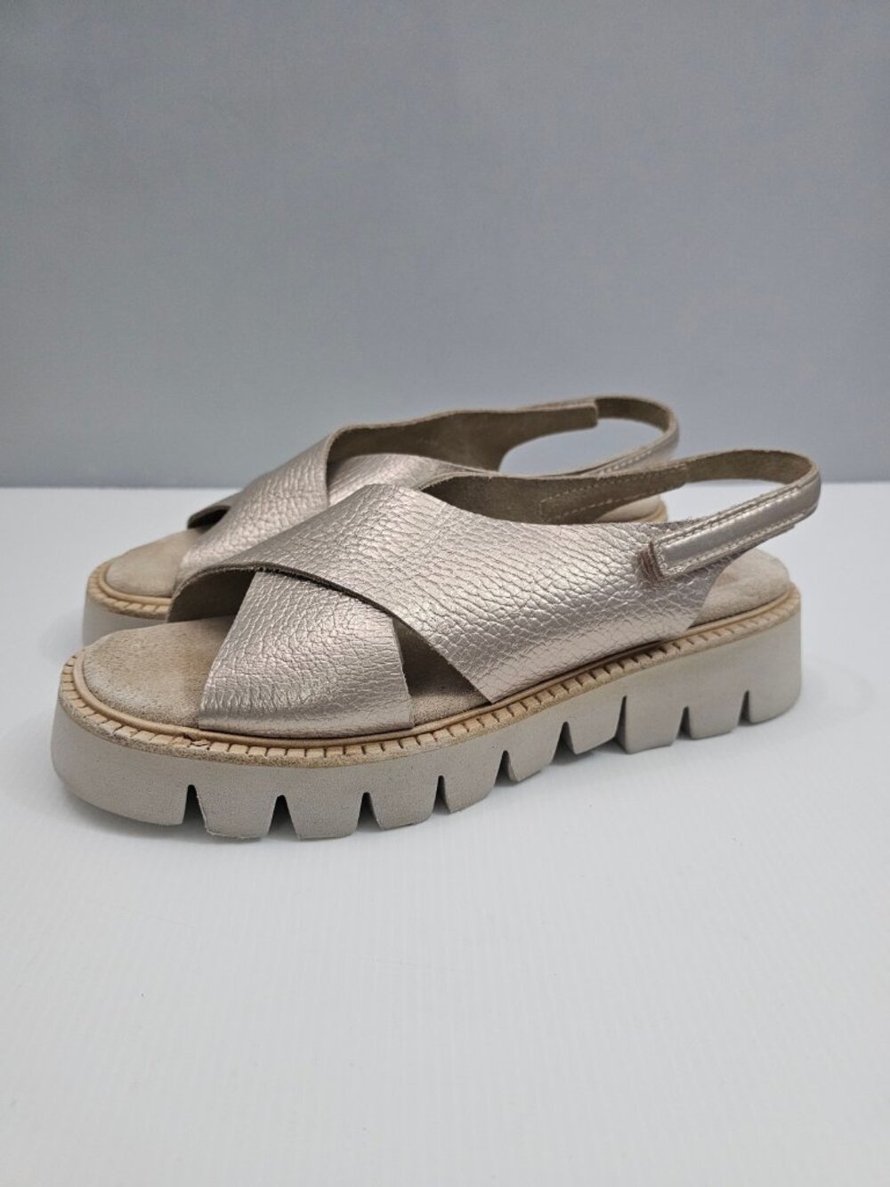Pedro Garcia Metallic Champagne Leather Cross-Strap Slingback Sandals.
